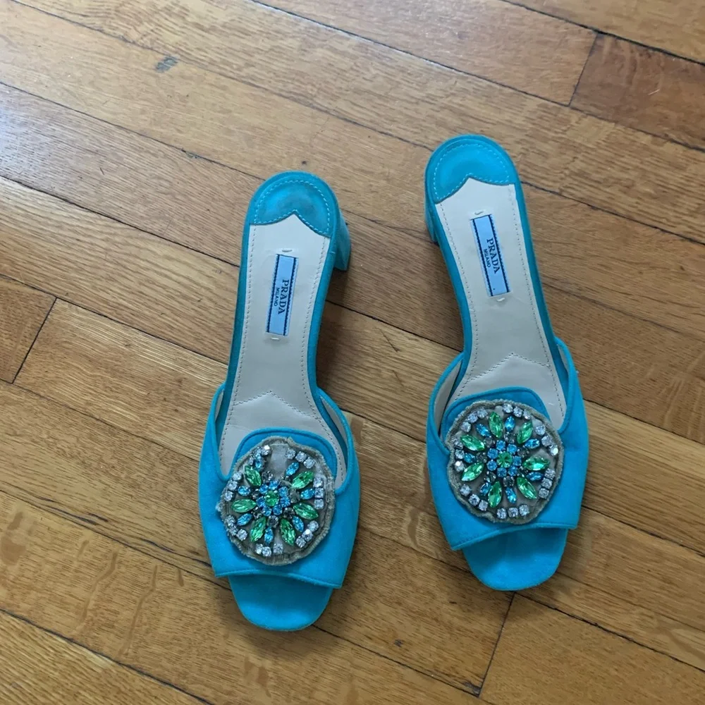 Prada Turquoise Embellished Slide Sandals - Picture 3 of 4